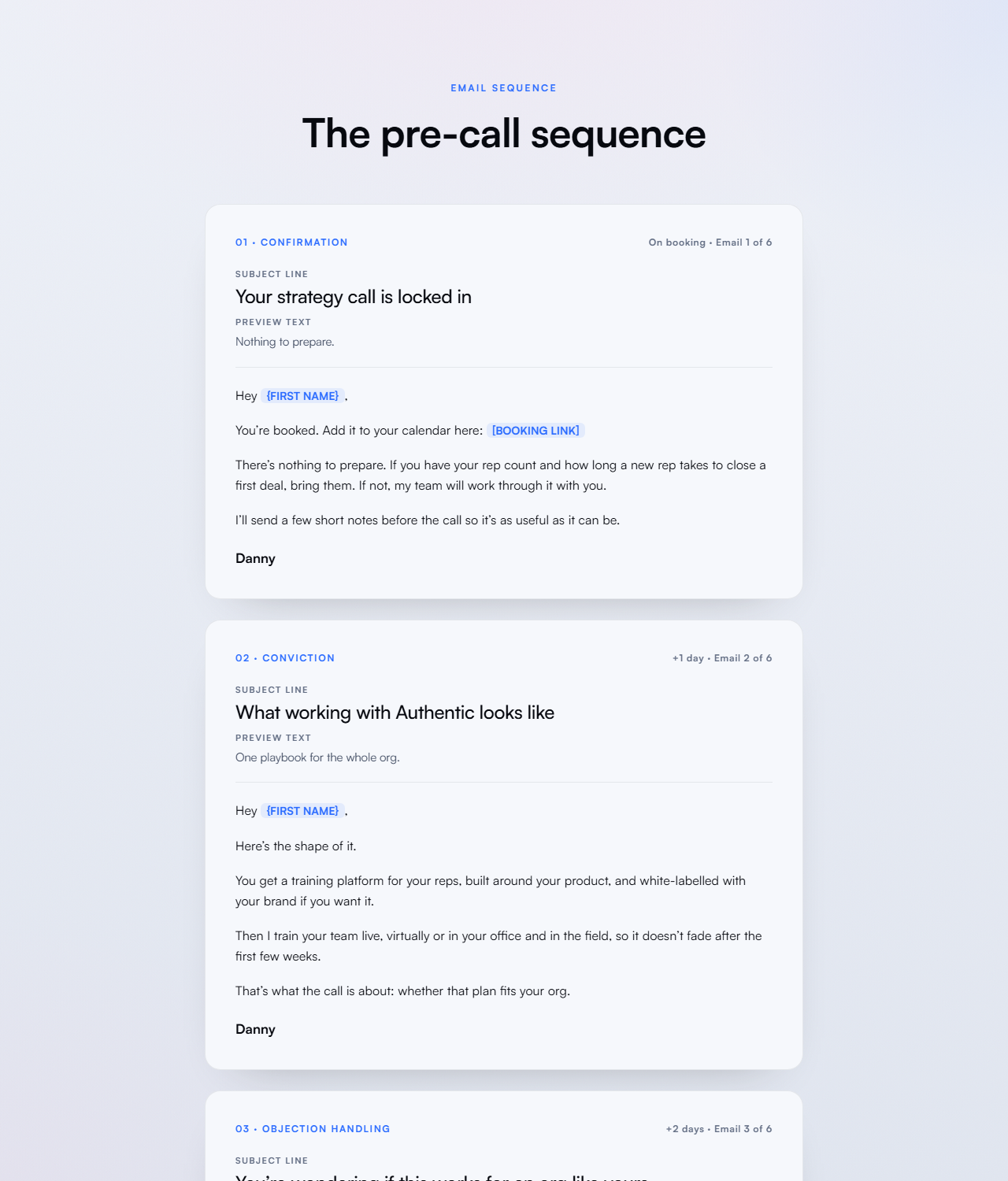 Pre-call email sequence preview